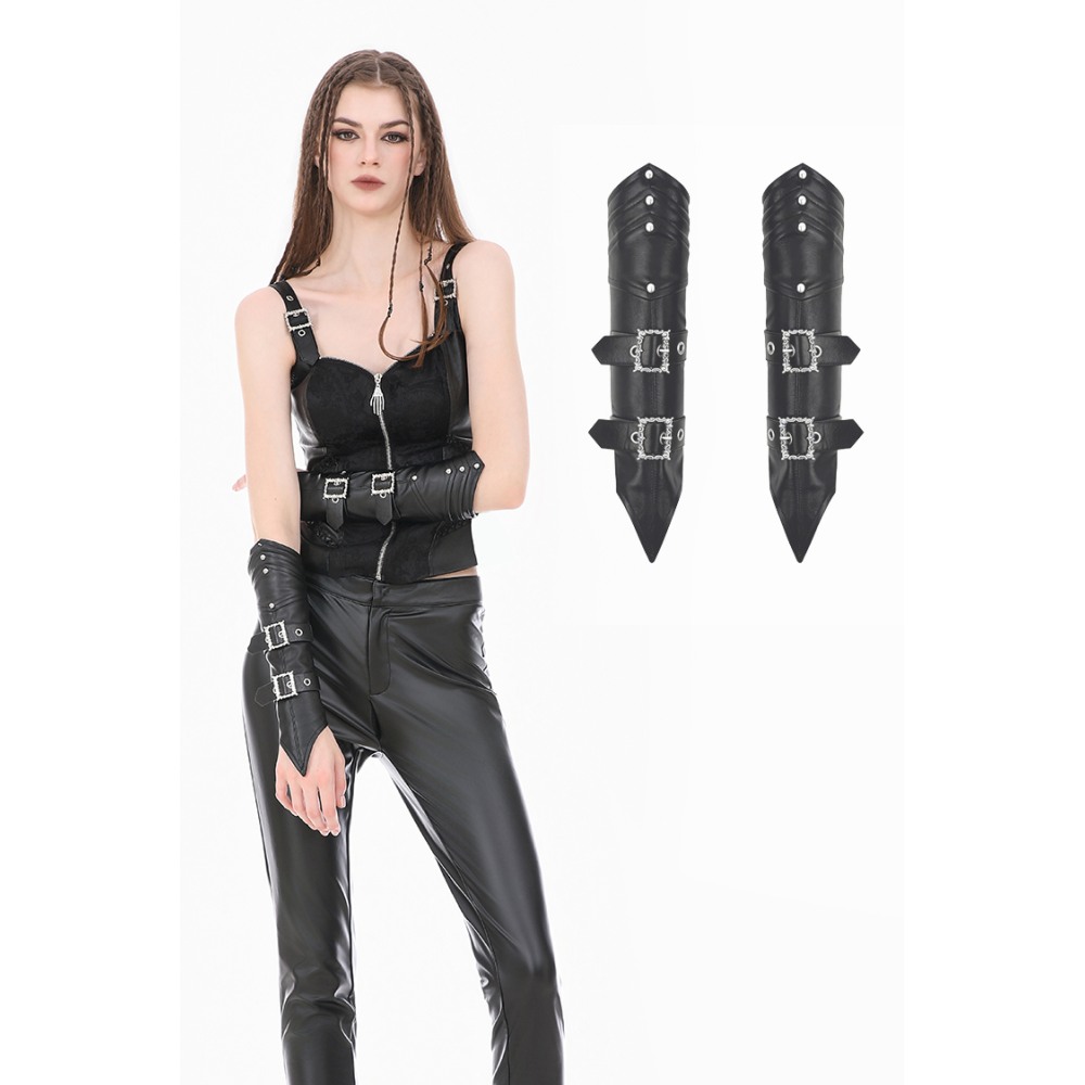 Dark in Love - Punk Vintage Matte Leather Buckled Riveted Gauntlets Arm warmer - Black